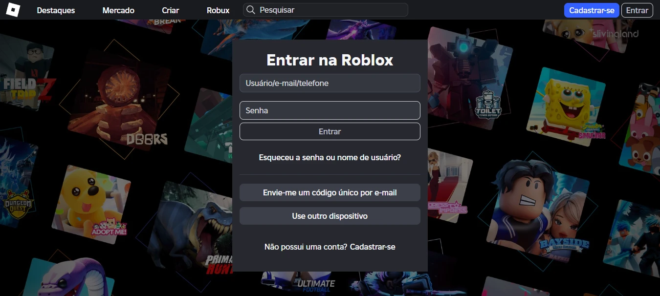 Tela de login do Roblox