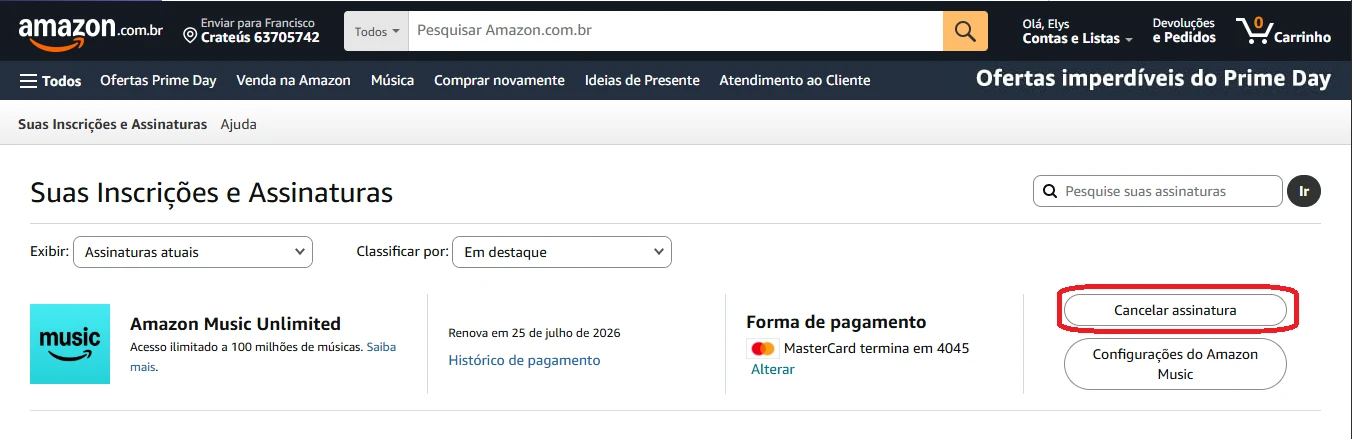 Como cancelar Amazon Music pelo computador (PC)