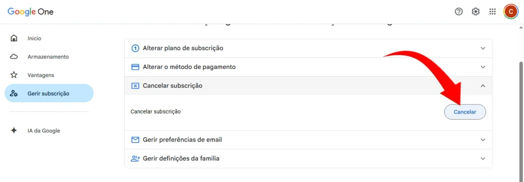 Cancelar assinatura do Google One